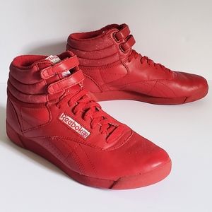 Vintage 80s Reebok Classic Freestyle Hi Top Sneakers Red Double Strap Womens 9